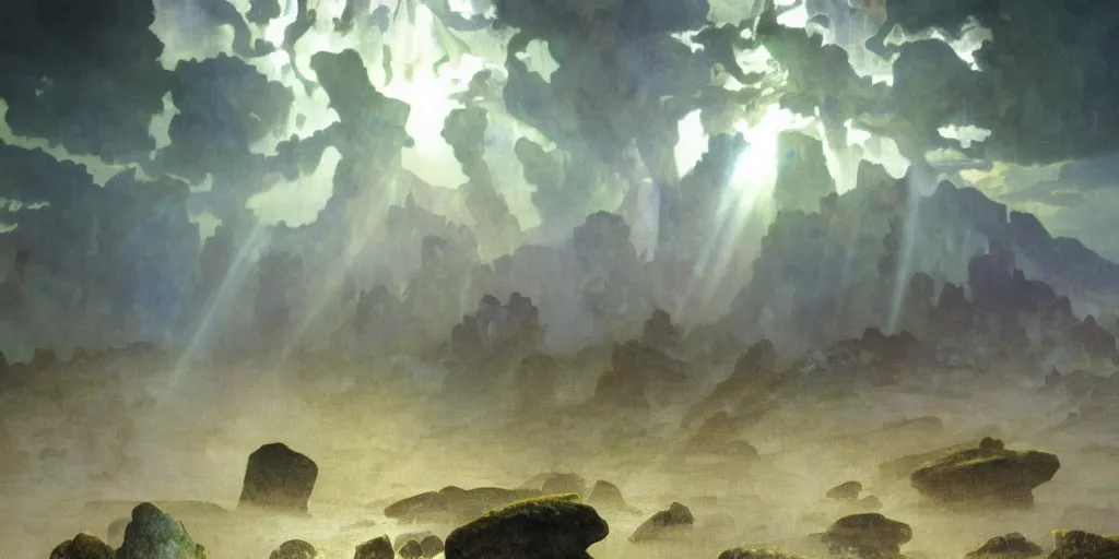 Image similar to photorealistic epic landscape with swirls of mist by alphonse mucha. ominous clouds, intense light beams, strange levitating stones, stones falling from the sky, delicate swirls of mist by alphonse mucha. occult photorealism, uhd, amazing depth, glowing, volumetric lighting, cinematic lighting.