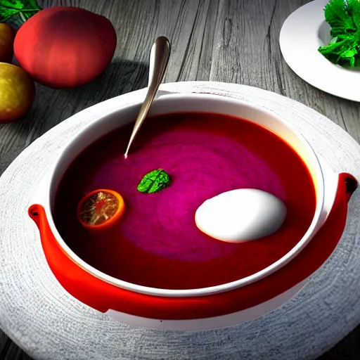 Image similar to a portal to another dimension in a bowl of borscht soup, 8 k, high definition, highly detailed, photo - realistic