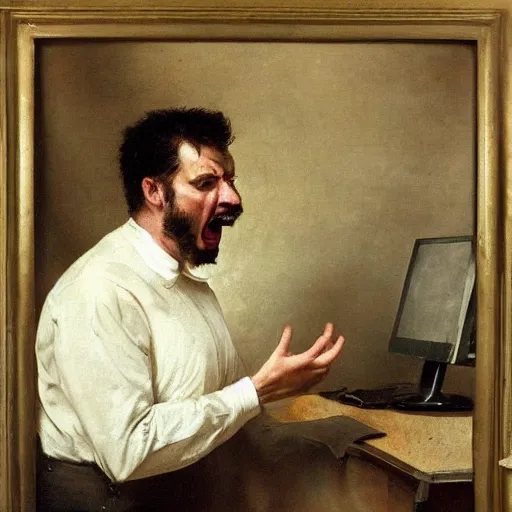 Image similar to an angry man yells at his computer monitor, oil on canvas, 1 8 8 3, highly detailed