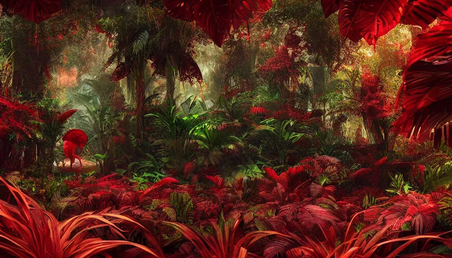 Prompt: red liquid jungle, large plants and leaves covered in red, lush but everything is dark red, beautiful crimson colored render, cinematic lighting, trending on artstation, elaborate, detailed, digital painting, elaborate matte painting