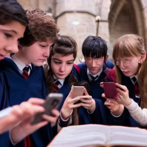 Image similar to Photo of Hogwarts students looking at their smartphones
