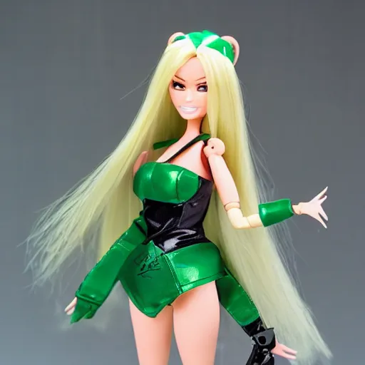 Image similar to league of legends akali as a Barbie doll. Kunai-weilding, green facemask, green outfit. PVC figure 12in.