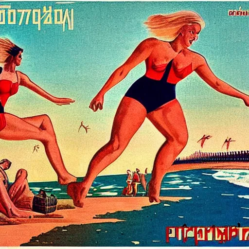 Prompt: a soviet poster of a beach day