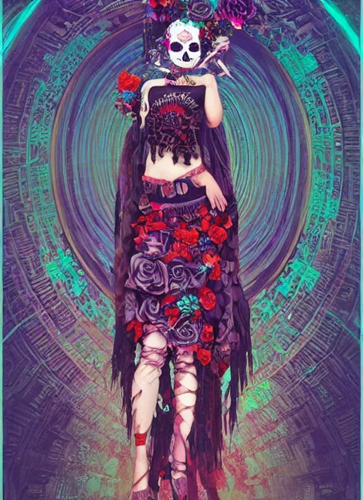 Image similar to cute punk goth fashion fractal Día de los Muertos girl posing by Zhang Jingna, poster art by Dan Mumford Kilian Eng Hannah Jeffrey Smith Rick Griffin Alphonse Mucha