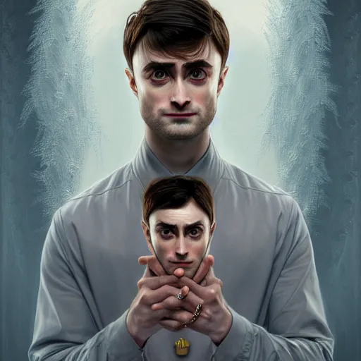 Image similar to symmetry portrait of daniel radcliffe, intricate, elegant, highly detailed, digital painting, artstation, concept art, smooth, sharp focus, illustration, art by artgerm and greg rutkowski and alphonse mucha