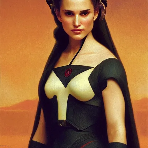 Image similar to Painting of Natalie Portman as Padme Amidala. Art by william adolphe bouguereau. During golden hour. Extremely detailed. Beautiful. 4K. Award winning.