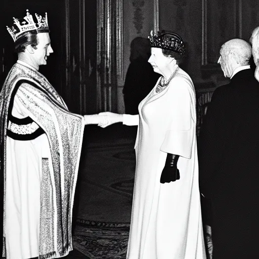 Image similar to detailed black and white photo of queen elizabeth ii meeting julius caesar