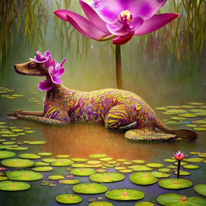 Prompt: psychedelic animal made of orchid on pond of waterlilies, diffuse lighting, fantasy, intricate, elegant, highly detailed, lifelike, photorealistic, digital painting, artstation, illustration, concept art, smooth, sharp focus, art by John Collier and Albert Aublet and Krenz Cushart and Artem Demura and Alphonse Mucha