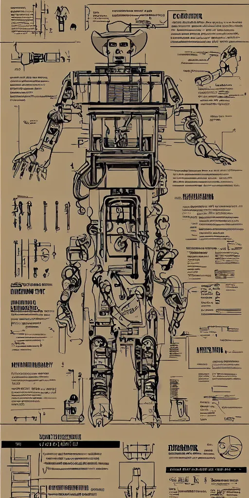 Image similar to robotic cowboy, blueprint, plans, infographic, poster, westworld, year 1850