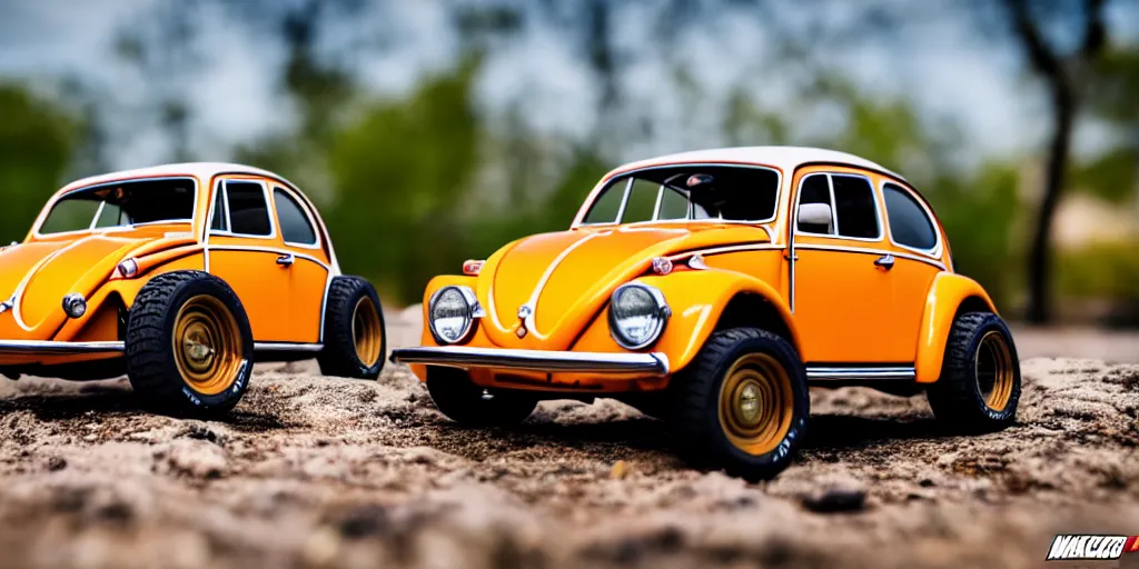 Prompt: Hot Wheels, vw bug baja, cinematic, Maxxis, 8k, depth of field, bokeh.