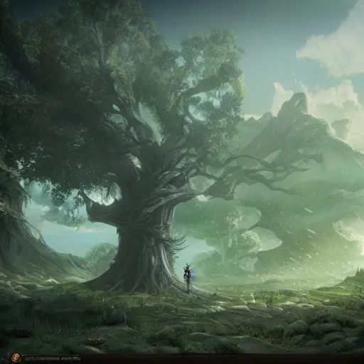 Image similar to landscape of elden ring, giant glowing tree, beautiful, rpg, dnd, video game 4 k