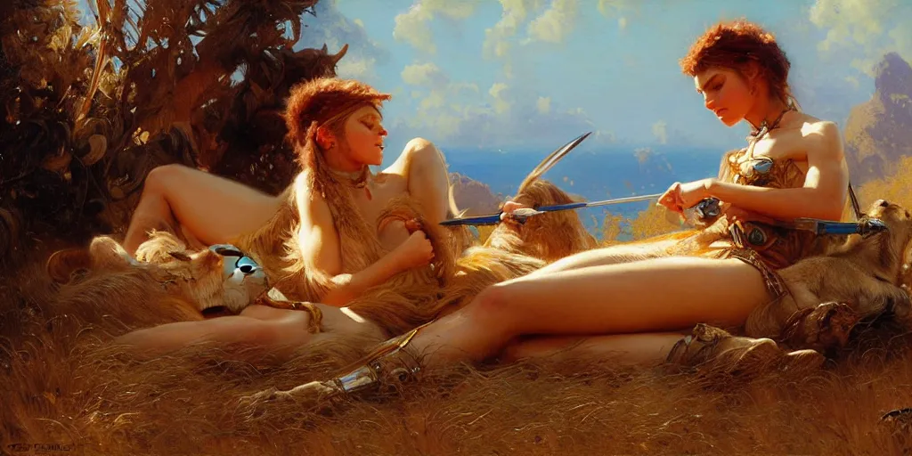 Image similar to an exhausted lion hunter girl. highly detailed painting by gaston bussiere, craig mullins, j. c. leyendecker 8 k