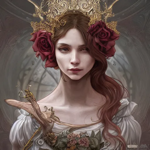 Image similar to a photograpic portrait of a anthropomorphic rose wearing white clothes, Dark souls themed, fantasy, intricate, elegant, highly detailed, digital painting, artstation, concept art, smooth, sharp focus, illustration, art by artgerm and H R Giger and alphonse mucha