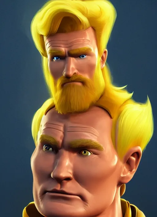 Image similar to profile of conan o'brien as a paladin with short blond hair and big muscles, yellow hair, casting a protection spell, cell shaded, octane, trending on artstation