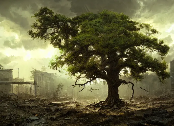 Prompt: oak tree growing in the rubble of a post - apocalypse city wasteland, gray dull background, colorful green leaves, hyperrealistic, very detailed leaves, sharp focus, highly detailed, cinematic, single ray of golden sunlight shinging on the tree, digital art, soft lightning, oil painting by greg rutkowski