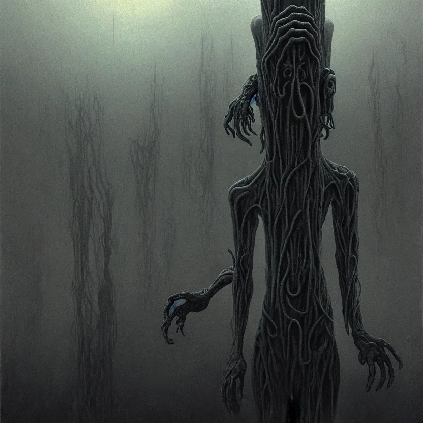 Prompt: detailed painting art of a tall alien grey, art of a humanoid alien being with large black eyes and no mouth, intricate matte painting background, elegant horror artwork, many colors in eldritch nightmare, luxurious, ominous, 4k, cinematic, by Zdzislaw Beksinski, by Yoshitaka Amano, horizontally symmetrical, by Wayne Barlowe, trending on Artstation