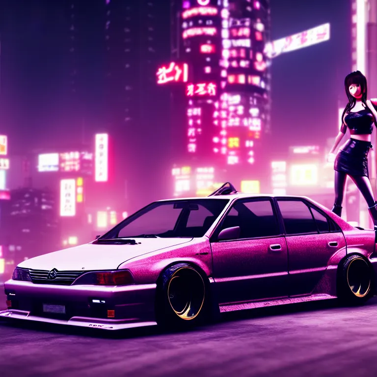 Image similar to toyota jzx 1 0 0 drift, detailed - wheels, shibuya prefecture, with cyberpunk girl standing, cinematic lighting, photorealistic, night photography, octane render