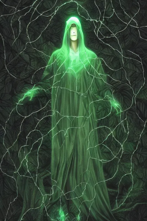 Image similar to A full body portrait of a mysterious character with no face, glowing eyes and a very long hooded dark green cloak made of leaves, vines coming out the ground art by Shaddy Safadi and Jason Chan, ominous, cosmic horror, trending on artstation, Ultra detailed, hyper realistic 4k