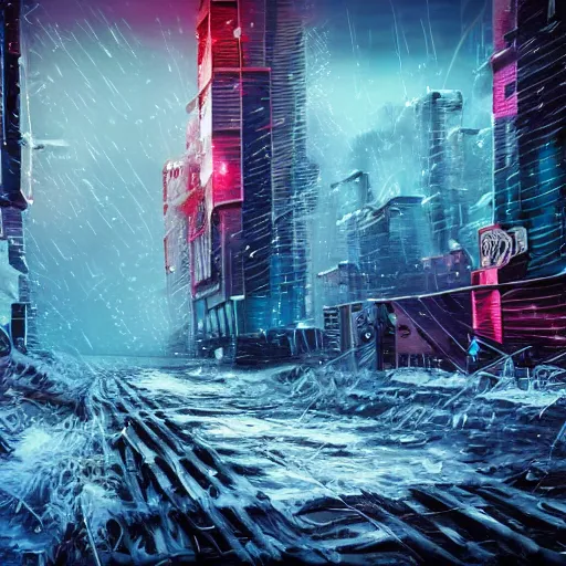 Prompt: mystic winter landscape, cyberpunk, vivid colors, post apocalyptic