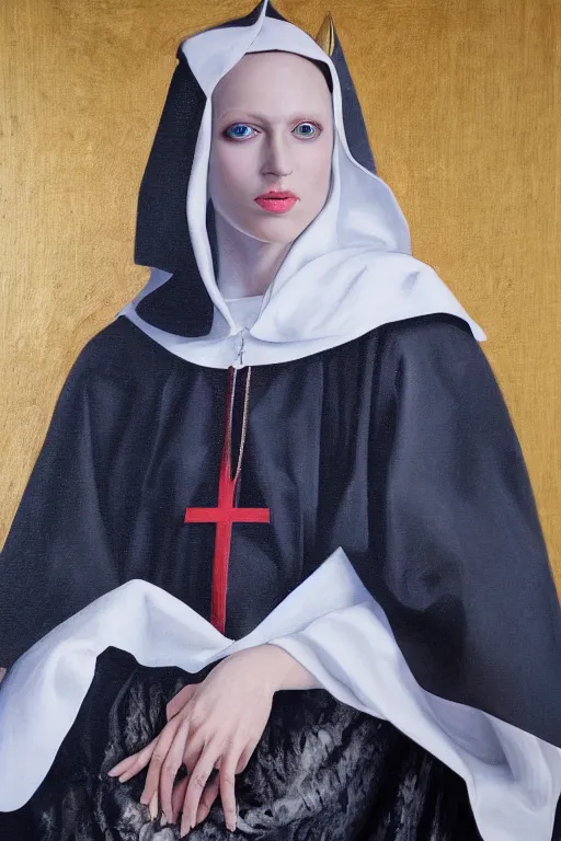 Prompt: hyperrealism oil painting, close - up portrait of european medieval nun albino fashion model, knight, steel gradient mixed with nebula sky, in style of baroque