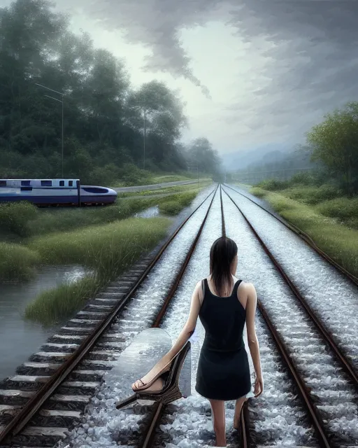 Prompt: submerged train tracks, reflective water, wide horison, girl walking and carrying shoes, train station in the distance, large white clouds, intricate, elegant, highly detailed, digital painting, artstation, concept art, smooth, sharp focus, illustration, art by artgerm and greg rutkowski and fra angelico