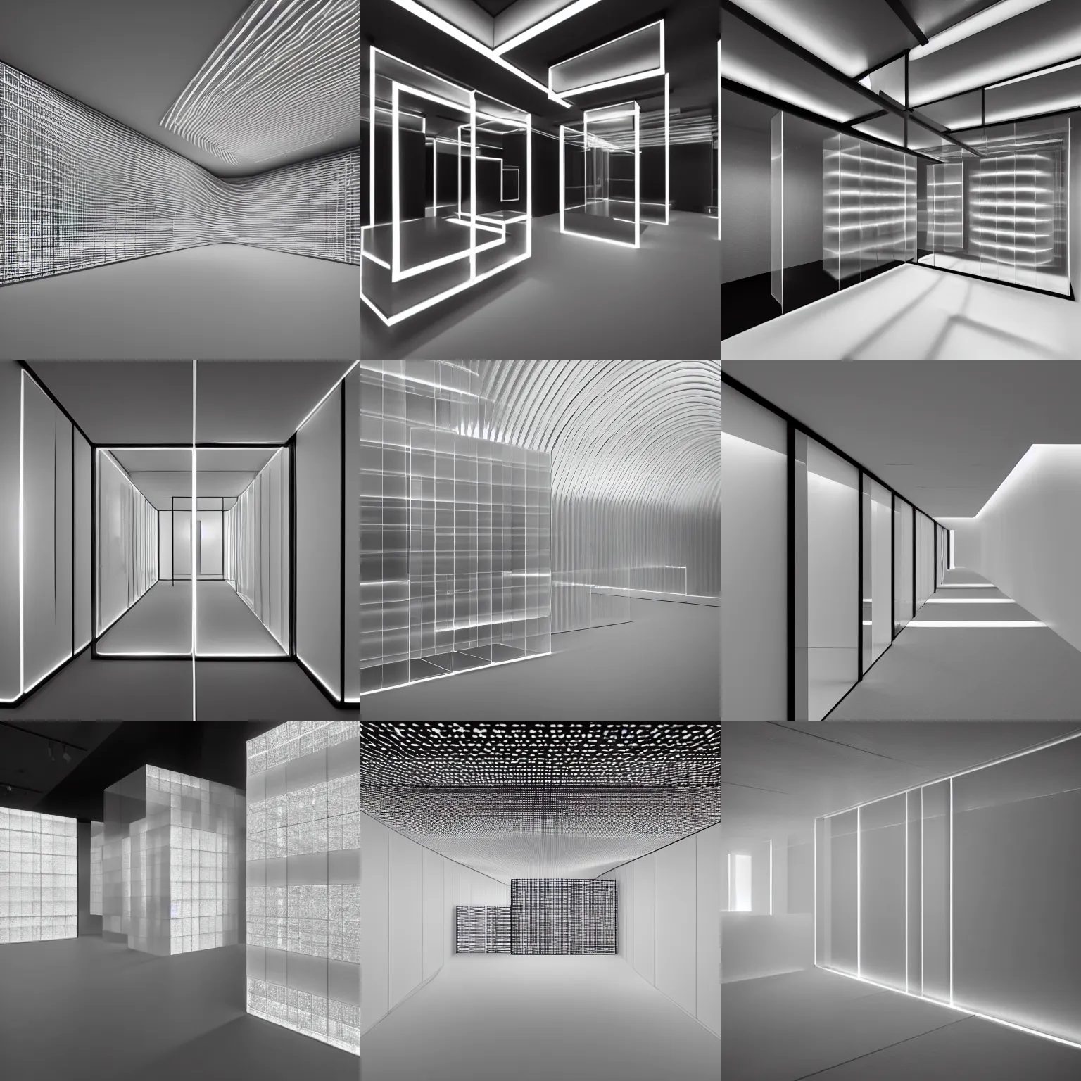 Prompt: the interior of a gallery made of grayscale edge lit glass and small boxes, looking out into a 3 d colorspace. designed by ryusei ishida and nendo, cgsociety,