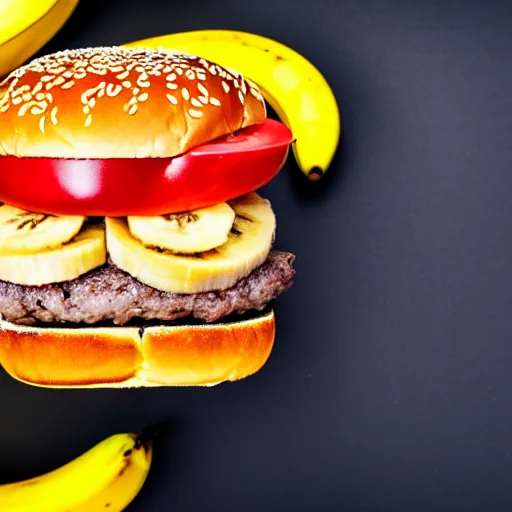 Prompt: a stock photo of banana slices on a burger, plain background, product photography, low aperature, award winning