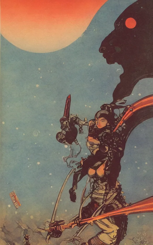 Image similar to on a strange vintage scifi planet, a samurai wizard warrior goddess with large sword, vintage scifi poster, winslow homer, moebius, roger dean, artstation