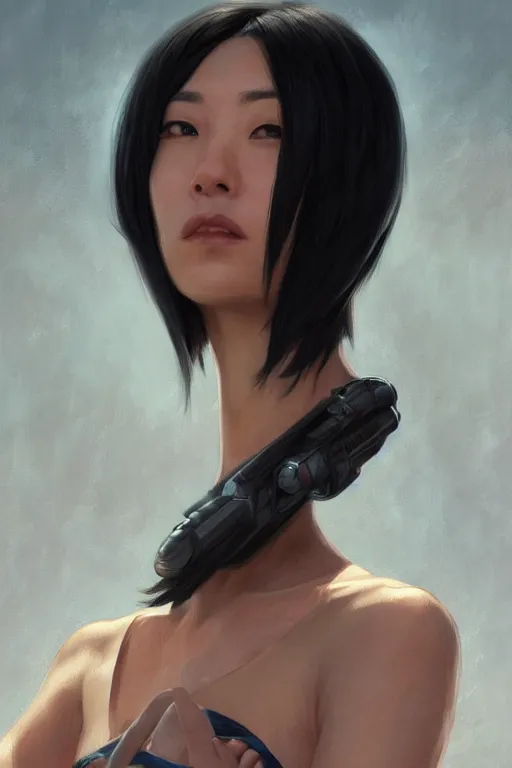 Image similar to science-fiction character portrait of Nakamura Aya, black hair cut in a bob, perfect facial features, highly detailed, digital painting, artstation, upper body, concept art, smooth, sharp focus, illustration, art by artgerm and greg rutkowski and alphonse mucha