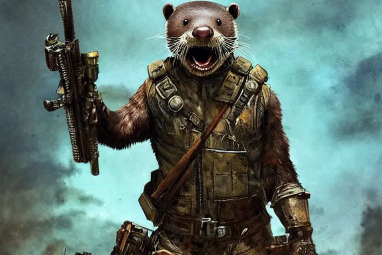 Image similar to a good ol'otter fursona ( from the furry fandom ), heavily armed and armored facing down armageddon in a dark and gritty version from the makers of mad max : fury road. witness me.