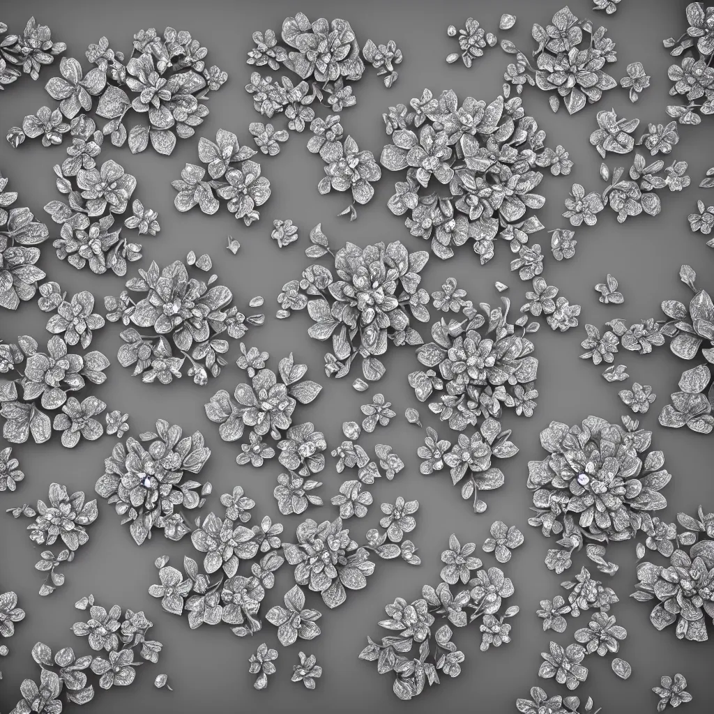 Image similar to 3d high relief painting of Flowers on diamonds，dreamy, soft , highly detailed, octane render, 8k