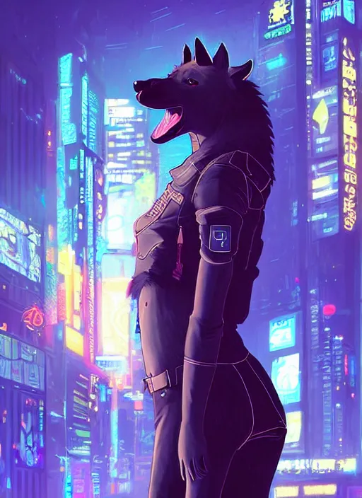 Prompt: beautiful portrait commission of a female furry anthro hyena fursona wearing a police uniform. Cyberpunk city at night in the rain. Neon light. Atmospheric. Character design by charlie bowater, ross tran, artgerm, and makoto shinkai, detailed, inked, western comic book art