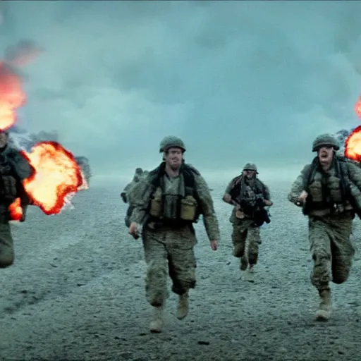 Image similar to american soldiers running at the camera during normandy beach landing with fiery explosions and debris all around them in the style of the movie lone survivor and saving private ryan, gritty, 4 k, cinematic lighting,