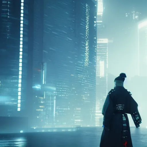 Image similar to cyberpunk samurai in a dytopian future, ultra realistic, fog, raytracing, reflections, rain, octane render