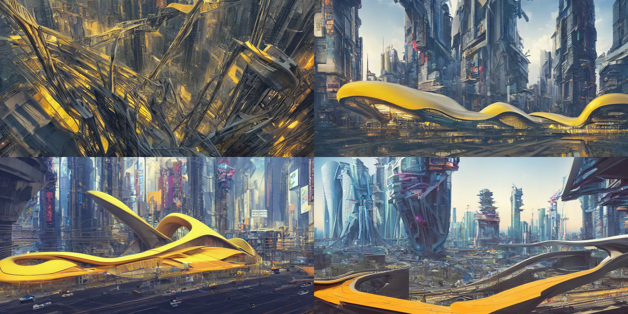 Prompt: a beautiful hyper realistic photograph, octane render, architectural render of megaestrutura of cyberpunk in japane, by norman foster + zaha hadid, extremely detailed, chartpak ad markers, pastel color, yellow and orange color scheme, 8 k,