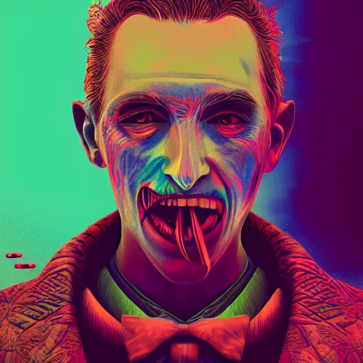 Image similar to Hyperdetailed psychedelic horror fantasy portrait of a vampire by Beeple, vivid color, hip hop album cover,