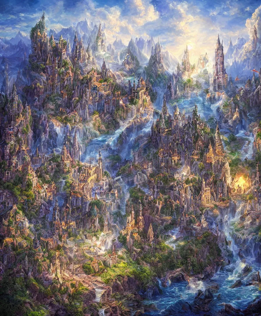 Prompt: an epic fantasy painting filled with magical elements, castles, and crystal towers
