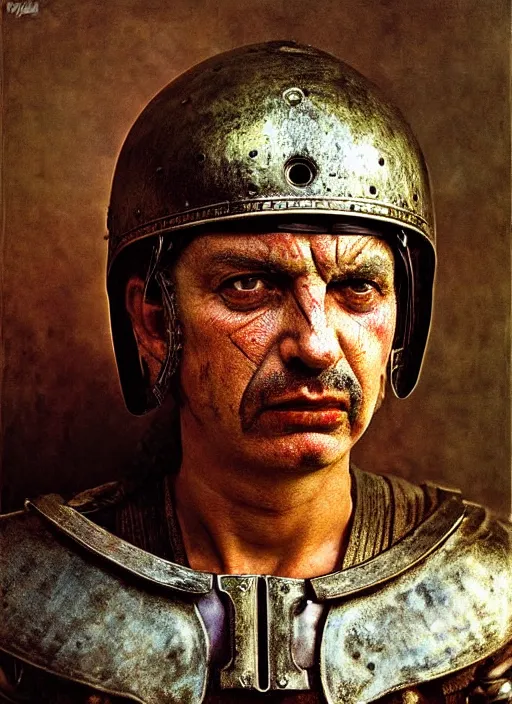 Prompt: close - up portrait athenian warrior with helmet and armor, color photograph by jan saudek