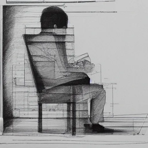 Image similar to an architectural drawing of the portrait of an exhausted architect