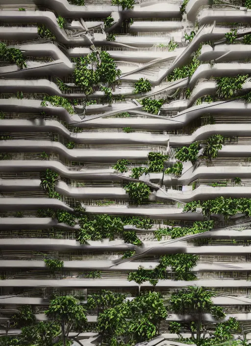 Image similar to “derelict architecture single building , the floor are checkered with plants around the building, building designed by architect Oscar Niemeyer, architecture digest, building surrounded in a luxury environment, bright tones, fluorescent lighting,volumetric Lighting, photorealism, high detail, golden ratio, cinematic, octane renderer”