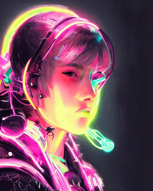 Image similar to detailed side profile portrait Neon Operator Girl, cyberpunk futuristic neon, reflective puffy coat, decorated with traditional Japanese ornaments by Ismail inceoglu dragan bibin hans thoma greg rutkowski Alexandros Pyromallis Nekro Rene Maritte Illustrated, Perfect face, fine details, realistic shaded, fine-face, pretty face