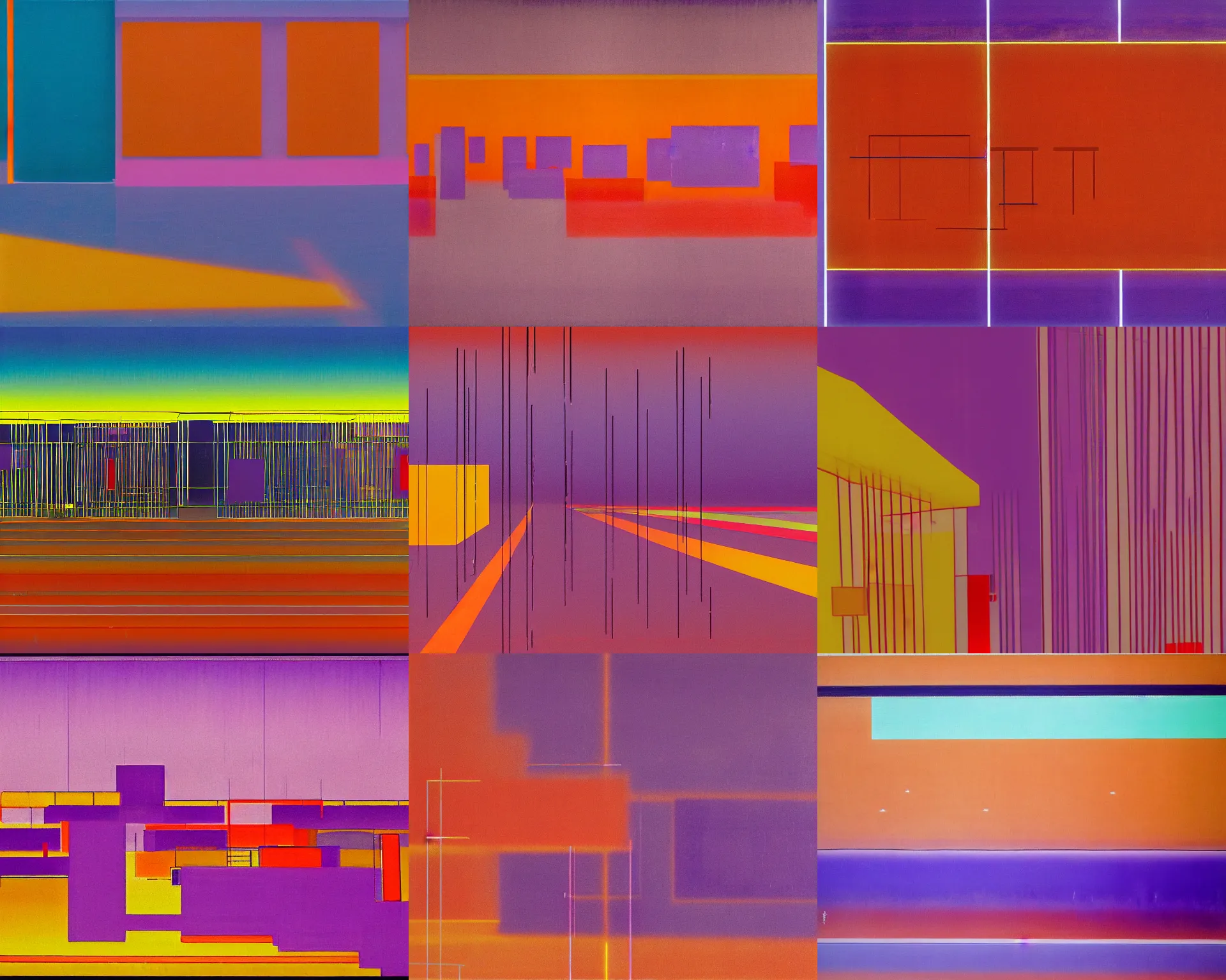 Prompt: purple Japanese city in the distant future. Rain on glass, neon signs, empty. a Rothko painting. three horizontal rectangles. one is yellow, one is red, one is light orange. The red one is the thinnest and has several thin yellow lines running through it with a peak in the middle. The city is seen in high resolution and detail. Impossible sense of scale and depth, bright lights, rain, purple. Future city. wet, shiny, hyper realistic city scene
