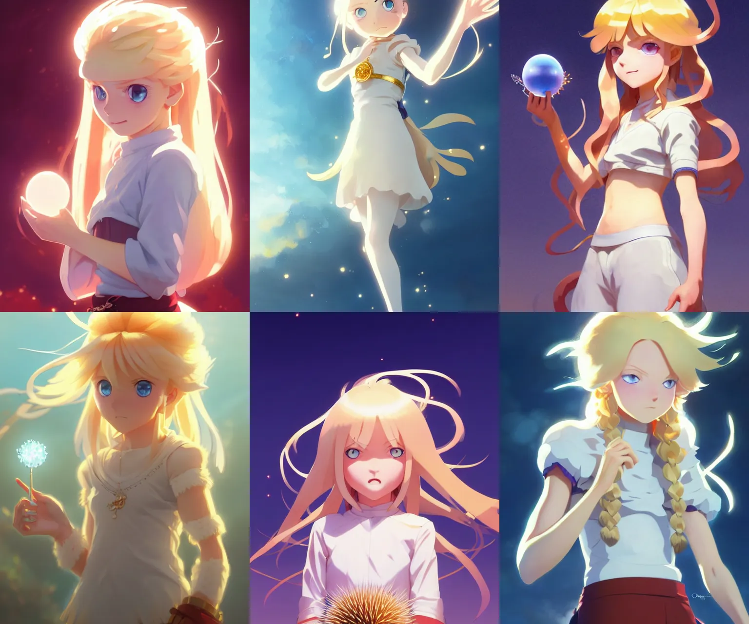 Prompt: young female urchin holding chromatic diamonds, long blonde hair and blue eyes, white puffy outfit, detailed perfect face, exquisite details, golden magic, mid view, design on a dark crimson background, by studio muti, greg rutkowski makoto shinkai takashi takeuchi studio ghibli