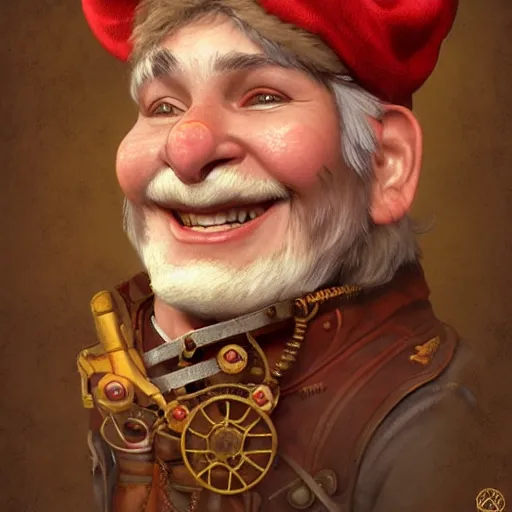 Prompt: 1800's vintage portrait of a grinning steampunk male gnome with big red nose, highly detailed, digital painting, art by Stanley Lau and Artgerm and magali villeneuve and Alphonse Mucha, artstation, octane render, cgsociety