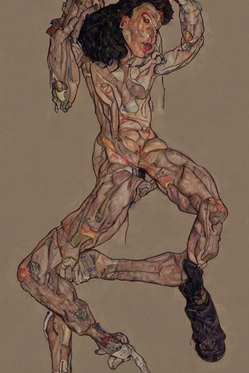 Image similar to a full body character with lifted arms in style of egon schiele, masterpiece, hyperdetailed, complex, intricate, veiled, 4 k, dynamic!! trending on artstation,