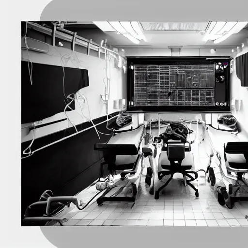 Image similar to an operation theater, in front of a black background, detailed digital art, black and white, law of thirds