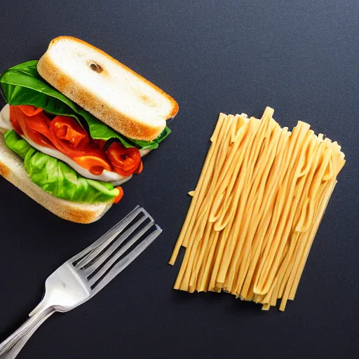 Prompt: photo of a pasta sandwich, professional, studio, marco, 4 k