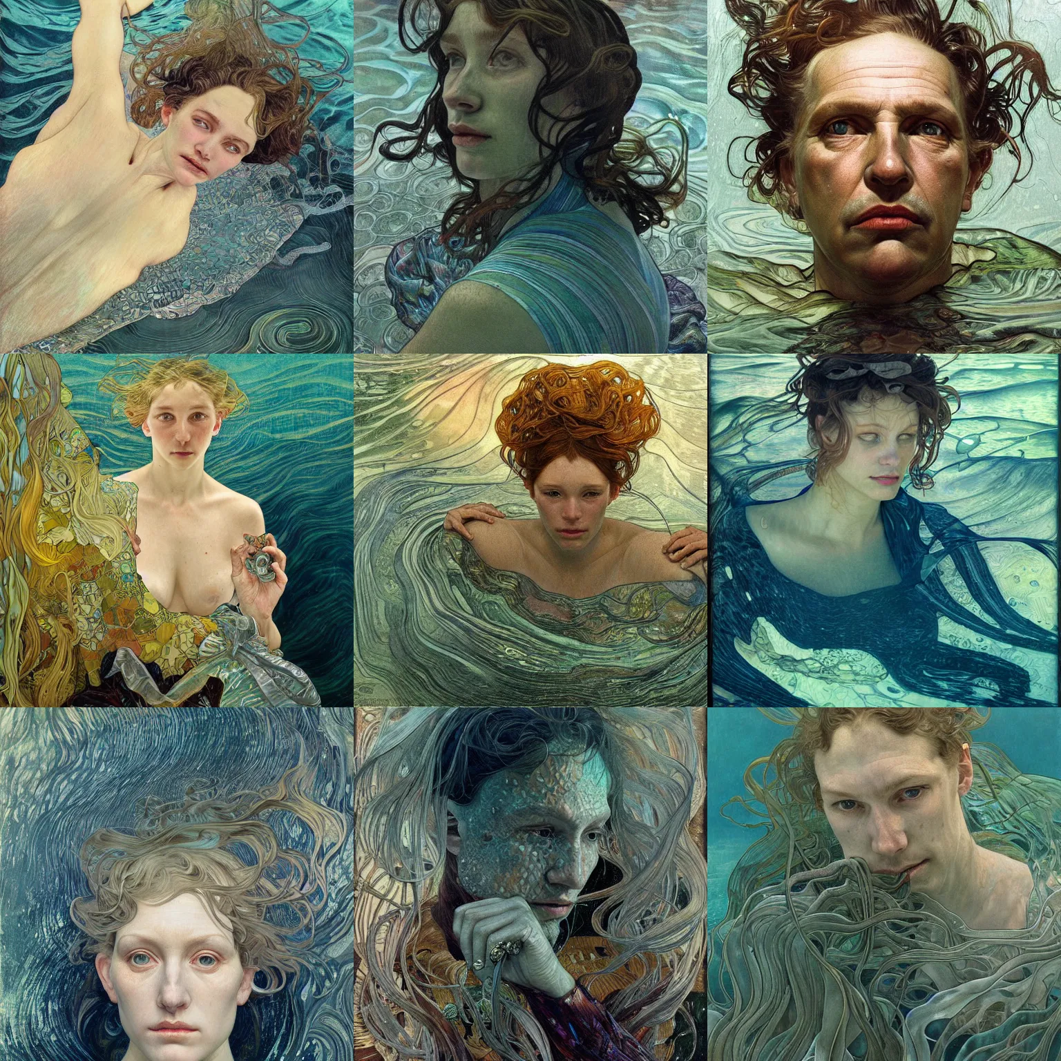 Prompt: hyperrealist portrait underwater dark ocean wet by lucian freud and victo ngai and alphonse mucha very detailed faces