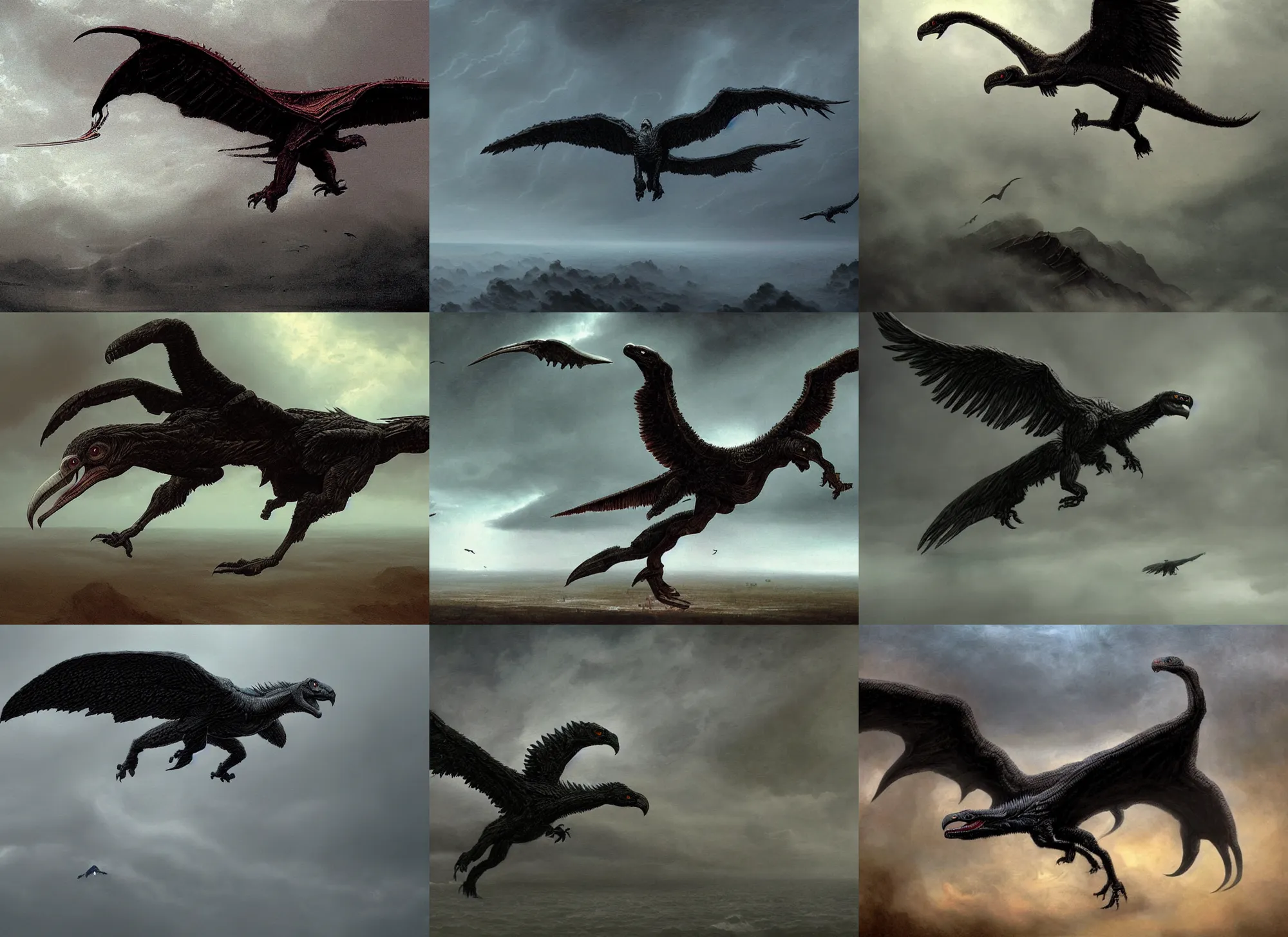 Prompt: giant black velociraptor-vulture flying in storm, intricate, highly detailed, artstation, sharp focus, illustration, rutkowski, beksinski, giger, barlowe