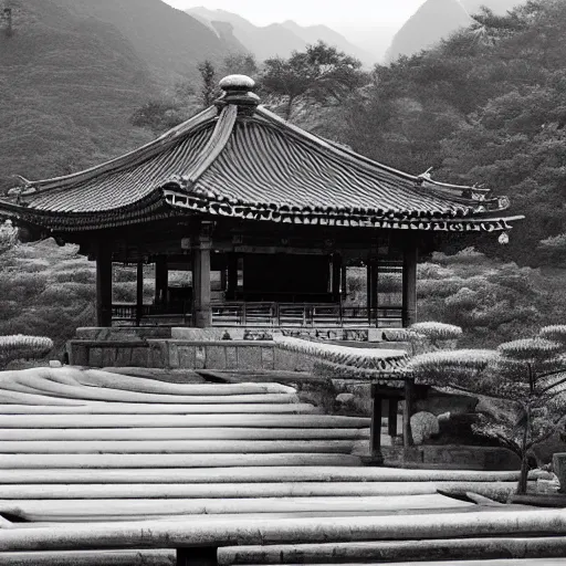 Image similar to little pavilion in the mountain, black and white, by lang jingshan,